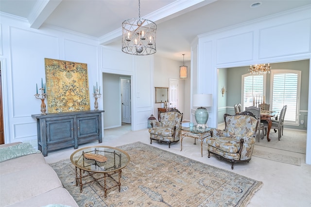 living room featuring light carpet, ornamental molding, and a chandelier