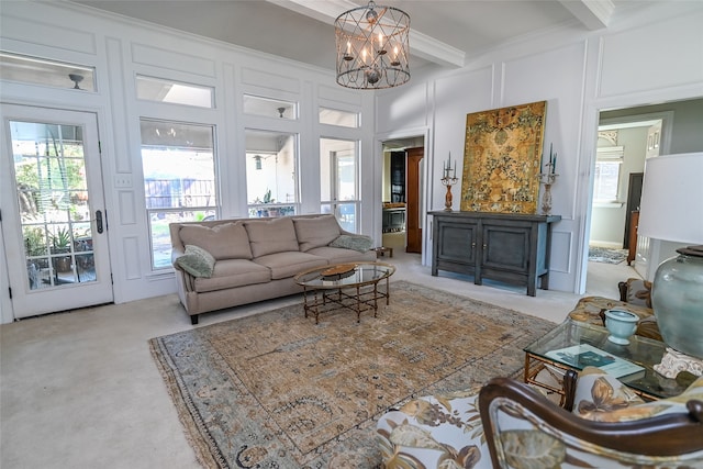 living room with light carpet, crown molding, beam ceiling, and a chandelier