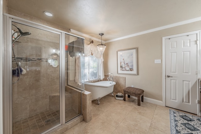 bathroom featuring ornamental molding, shower with separate bathtub, an inviting chandelier, and tile patterned floors