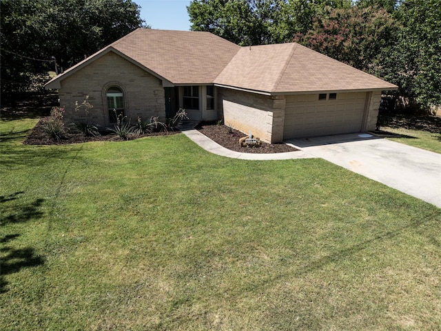 single story home featuring a front lawn and a garage