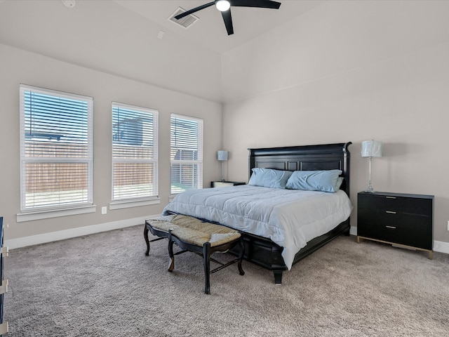 bedroom featuring a ceiling fan, carpet flooring, visible vents, and baseboards