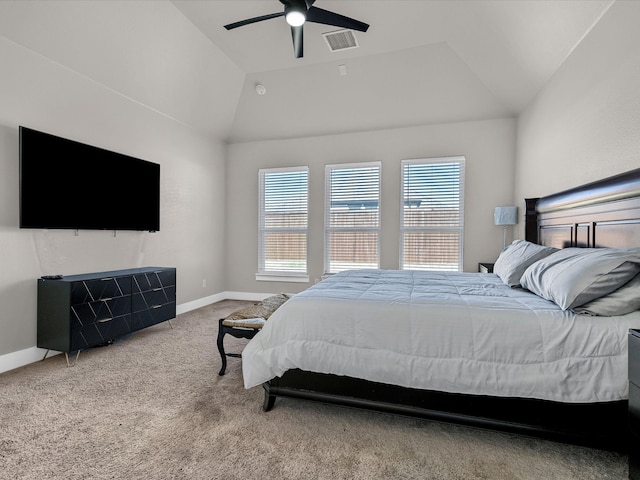 bedroom featuring vaulted ceiling, carpet floors, visible vents, and baseboards