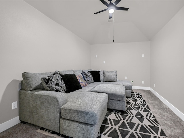 carpeted living room with vaulted ceiling and ceiling fan