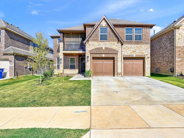 view of front of home featuring stone siding, an attached garage, a balcony, and a front lawn