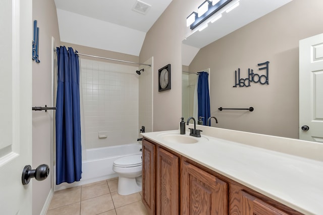 full bathroom with tile patterned floors, toilet, shower / bath combo with shower curtain, vaulted ceiling, and vanity