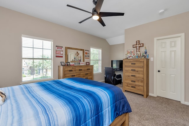 bedroom with light carpet, lofted ceiling, and ceiling fan