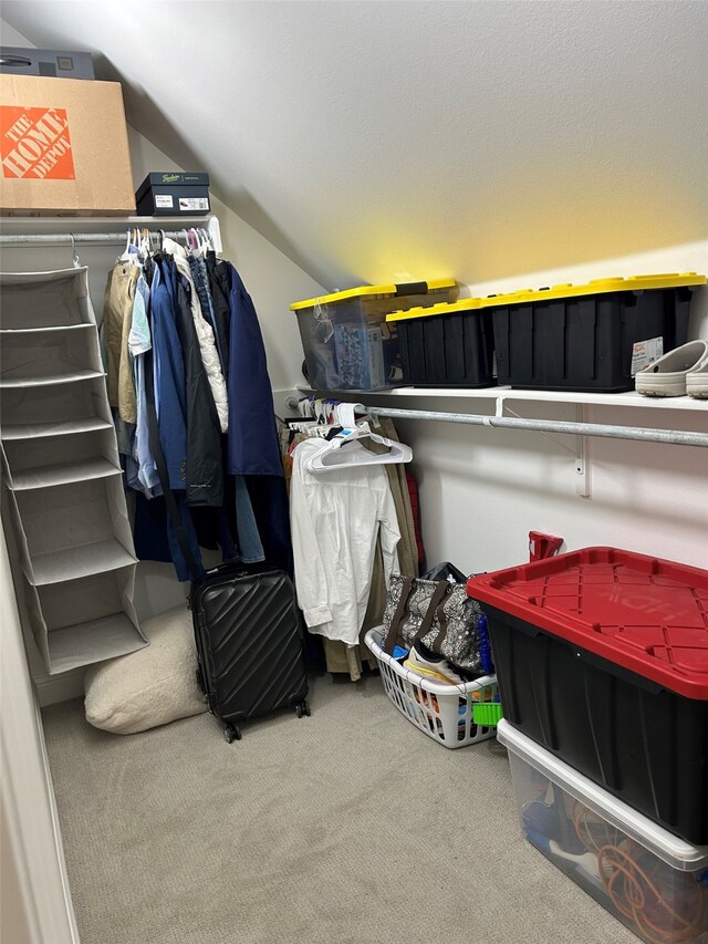 spacious closet featuring carpet and lofted ceiling