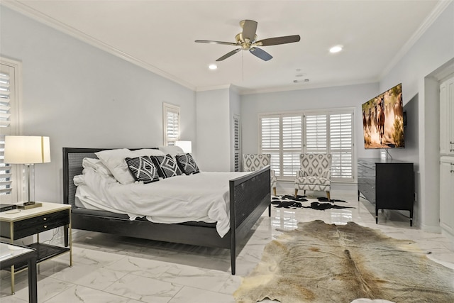 bedroom featuring ornamental molding and ceiling fan