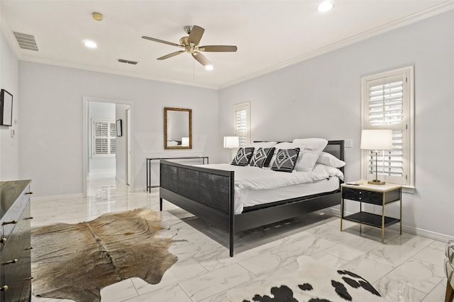 bedroom with crown molding and ceiling fan