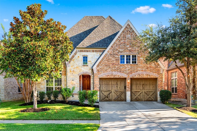 view of front of house with a front lawn and a garage