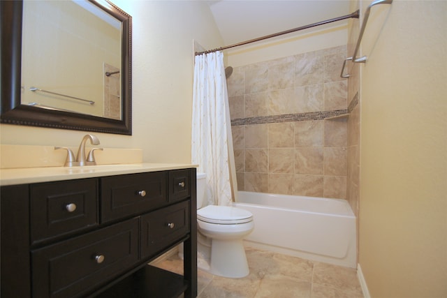 full bathroom with shower / bath combination with curtain, toilet, vaulted ceiling, vanity, and tile patterned flooring