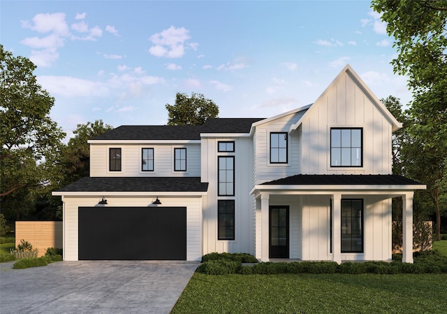 modern farmhouse featuring a porch, a front yard, and a garage