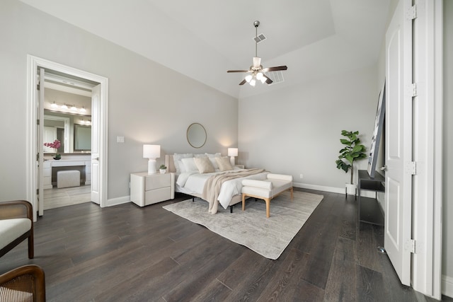 bedroom featuring ceiling fan and dark hardwood / wood-style floors