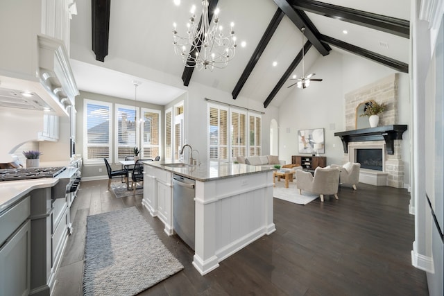 kitchen with a wealth of natural light, appliances with stainless steel finishes, dark hardwood / wood-style floors, and an island with sink