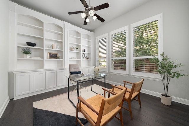 home office featuring dark hardwood / wood-style flooring, built in features, and ceiling fan