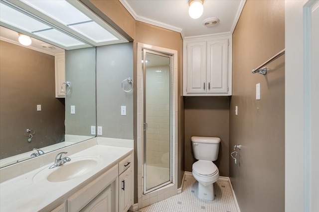 bathroom with toilet, crown molding, vanity, an enclosed shower, and tile patterned flooring