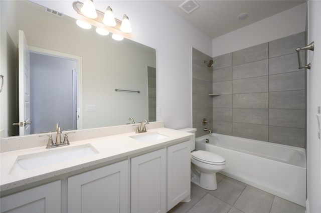 full bathroom with tile patterned flooring, toilet, vanity, and tiled shower / bath