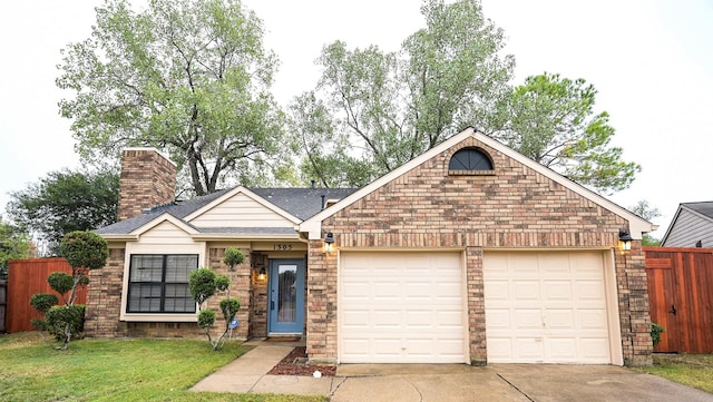 view of front of property featuring a front yard and a garage