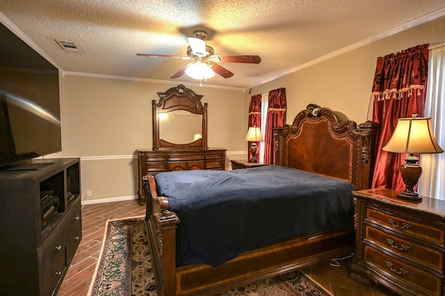 bedroom featuring ceiling fan, dark hardwood / wood-style floors, a textured ceiling, and ornamental molding