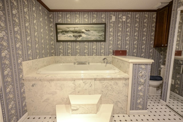 bathroom featuring a textured ceiling, tile patterned flooring, crown molding, and tiled bath