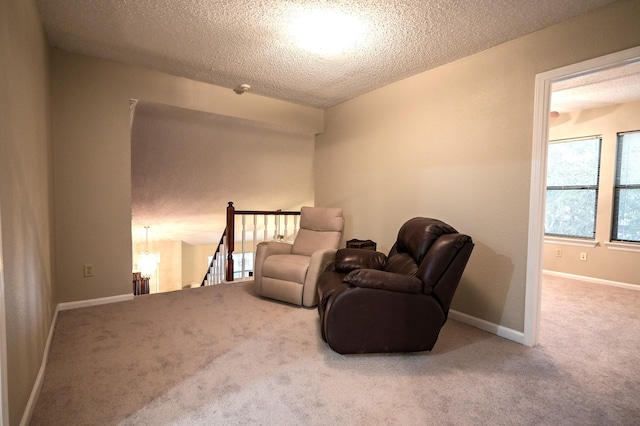 sitting room featuring a textured ceiling and carpet floors