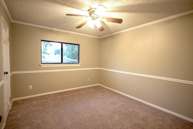 unfurnished room featuring carpet flooring, ceiling fan, crown molding, and a textured ceiling