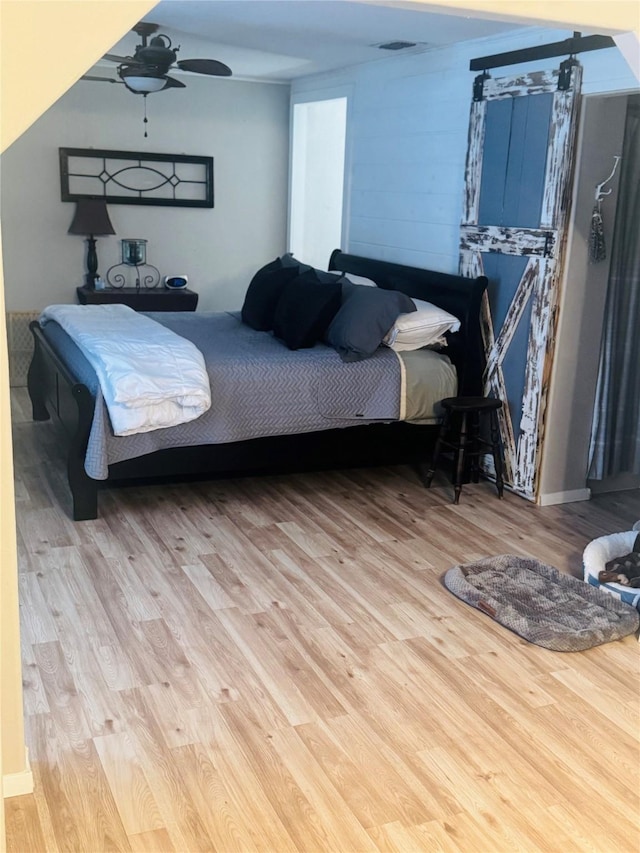 bedroom featuring light wood-type flooring and ceiling fan