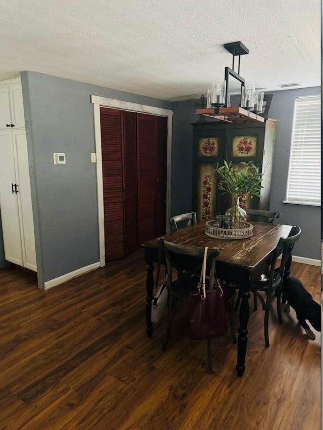 dining room with dark hardwood / wood-style floors and a textured ceiling