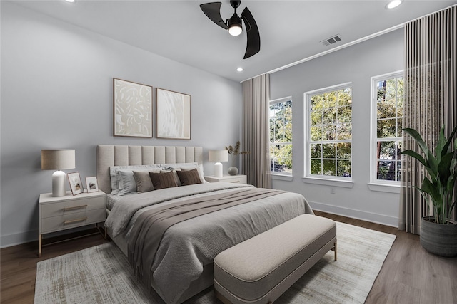 2320 Arroyo Ave, Dallas, TX 75219 - bedroom featuring baseboards, recessed lighting, wood finished floors, and a ceiling fan