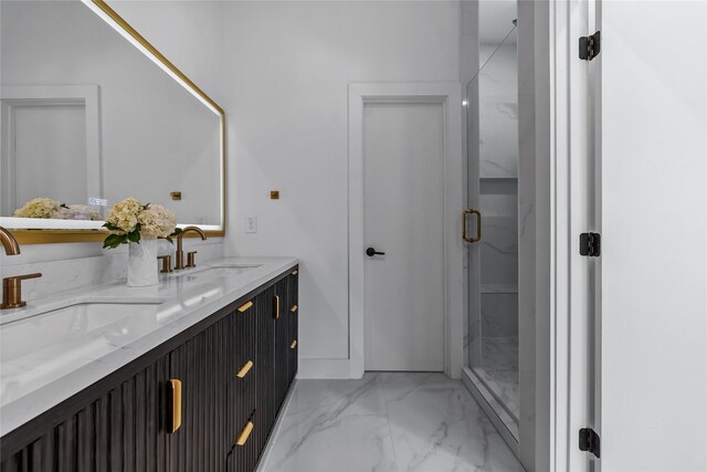 2320 Arroyo Ave, Dallas, TX 75219 - full bathroom with marble look tiles, a stall shower, and double vanity