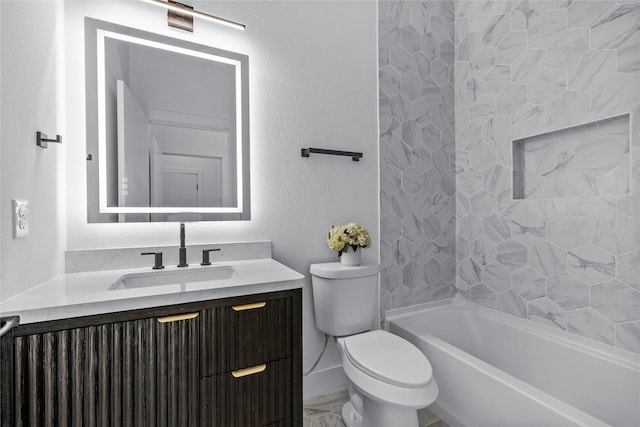 full bathroom featuring washtub / shower combination, vanity, and toilet