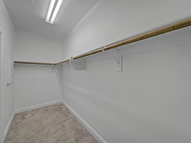 walk in closet featuring light carpet