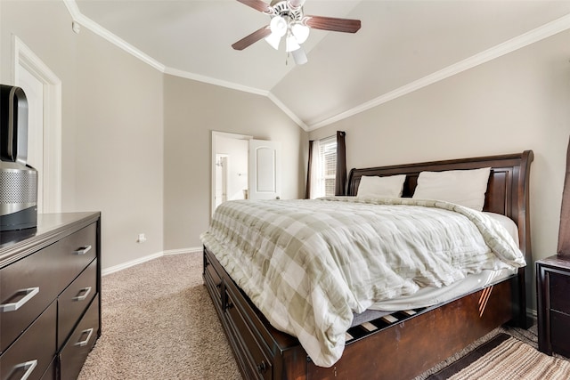 bedroom featuring lofted ceiling, ornamental molding, light colored carpet, and ceiling fan