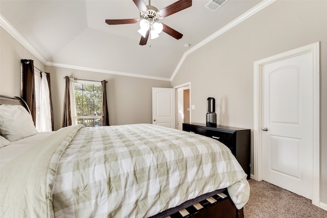 bedroom with ornamental molding, vaulted ceiling, light colored carpet, and ceiling fan