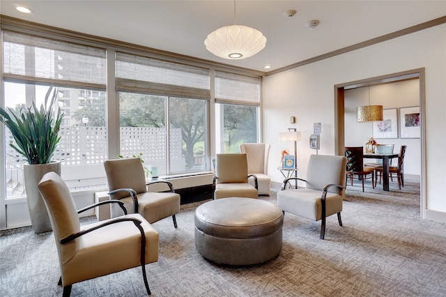 living area featuring plenty of natural light, crown molding, baseboards, and carpet floors