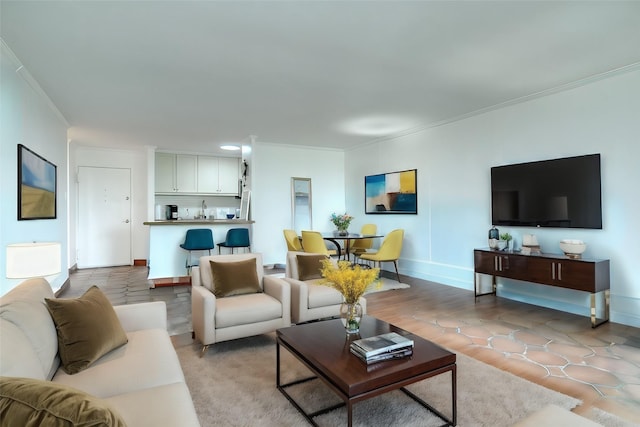 living room featuring baseboards and crown molding