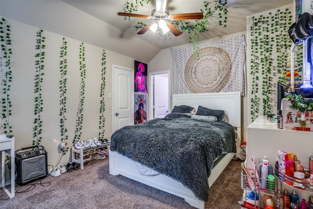 bedroom with carpet, vaulted ceiling, and ceiling fan