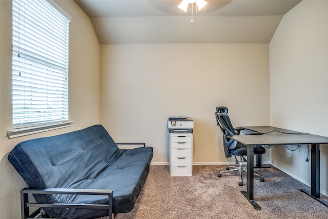 office area with carpet floors, ceiling fan, and vaulted ceiling