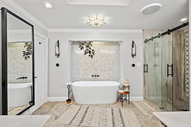 bathroom featuring ornamental molding, independent shower and bath, and a textured ceiling