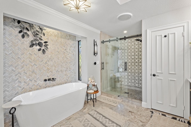 bathroom with crown molding, a textured ceiling, and shower with separate bathtub