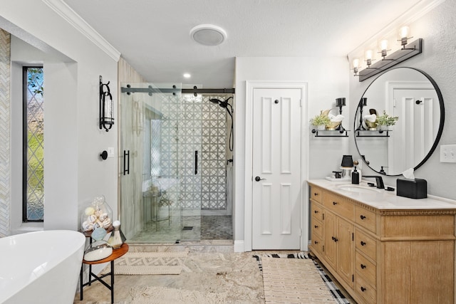 bathroom with vanity, ornamental molding, a textured ceiling, and separate shower and tub