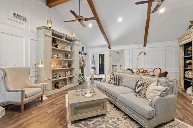 living room with light hardwood / wood-style floors, beamed ceiling, high vaulted ceiling, and ceiling fan