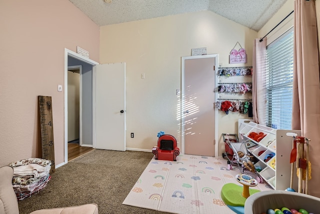 recreation room with a textured ceiling, carpet flooring, and vaulted ceiling