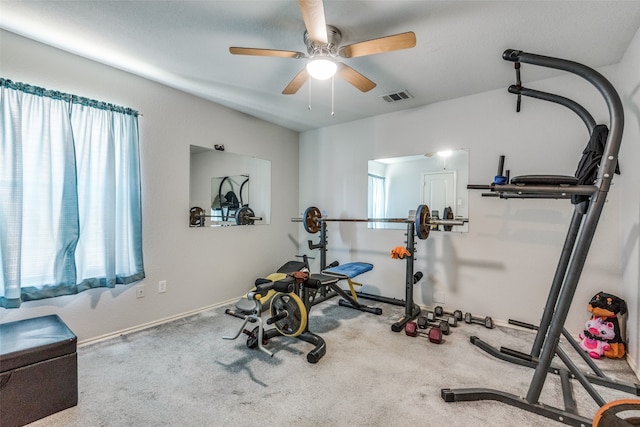 workout room featuring carpet, a healthy amount of sunlight, and ceiling fan