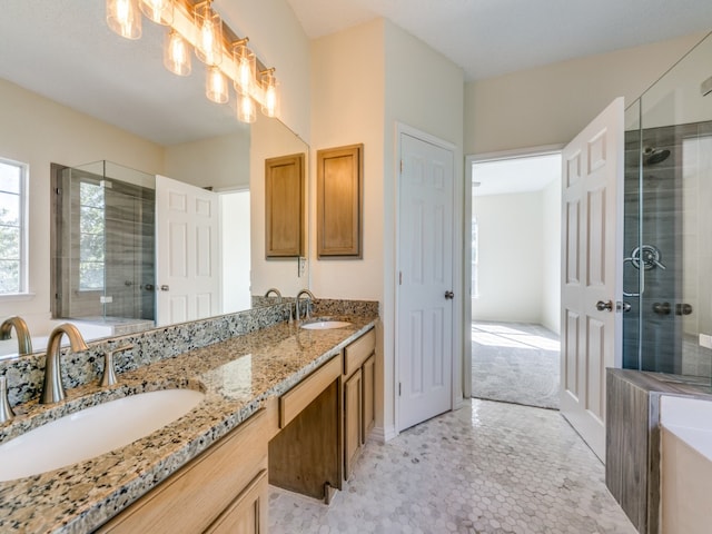 bathroom featuring vanity and an enclosed shower