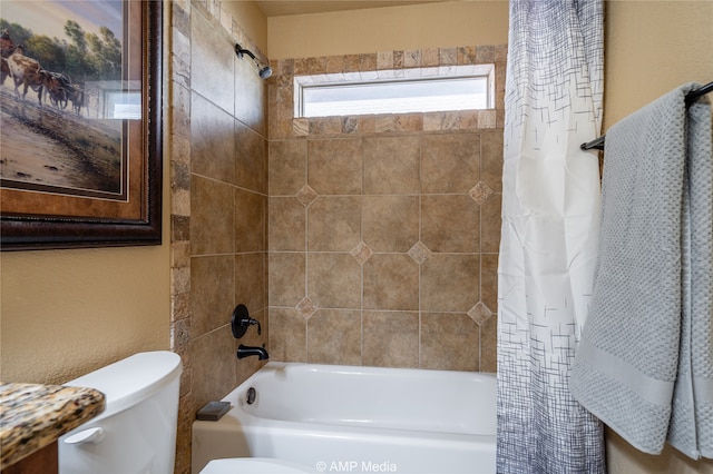 bathroom with toilet and shower / bathtub combination with curtain