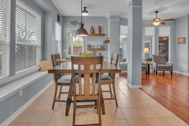 dining room with ceiling fan and light hardwood / wood-style flooring