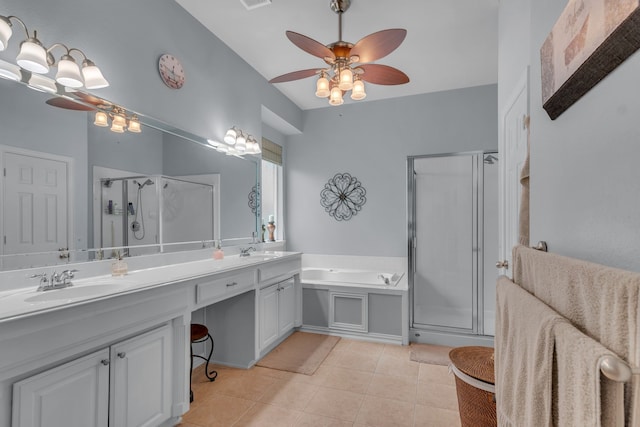 bathroom with vanity, shower with separate bathtub, ceiling fan, and tile patterned flooring