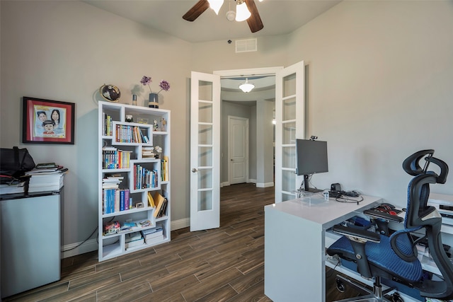 office space with dark wood-type flooring, french doors, and ceiling fan