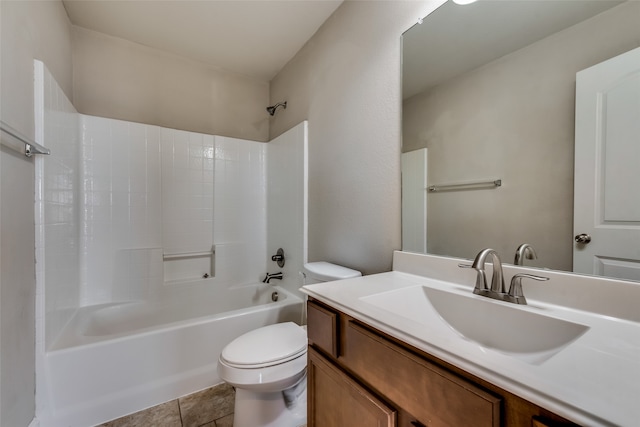 full bathroom with bathtub / shower combination, vanity, toilet, and tile patterned flooring